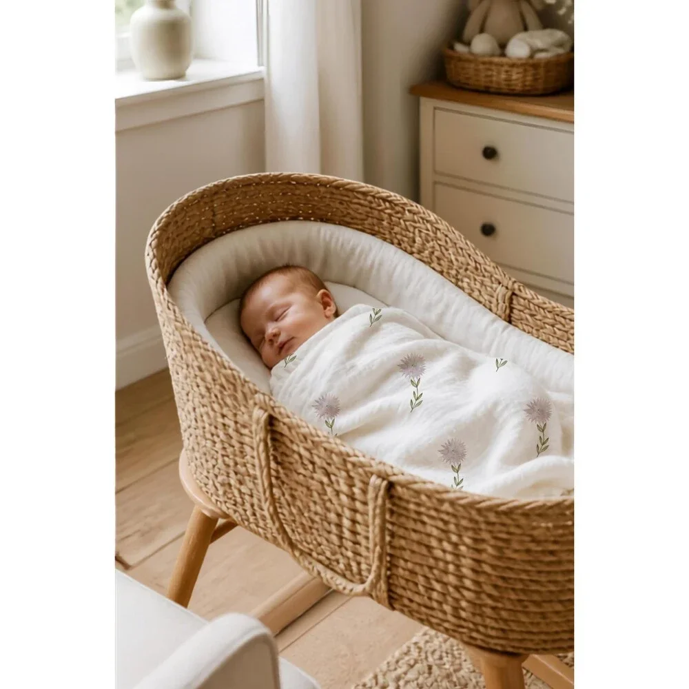 Organic Cotton Baby Blanket | Birth Month Flower Gift September Purple Aster